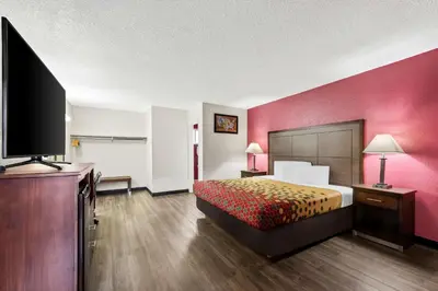 a hotel room with a bed and a flat screen tv at Econo Lodge Fallon Naval Air Station Area in Fallon