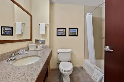 a bathroom with a toilet and a sink and a shower at Comfort Inn & Suites Airport Convention Center in Reno