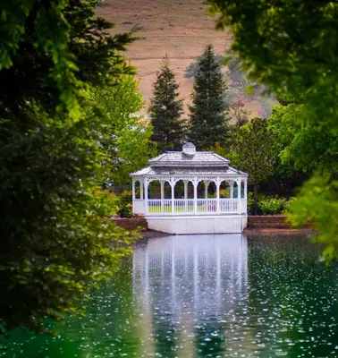 a gazebo in the middle of a lake at Wonder Valley Ranch Resort in Pine Flat Lake