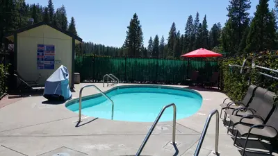 a swimming pool in a yard with an umbrella at Wildwood Inn in Twain Harte
