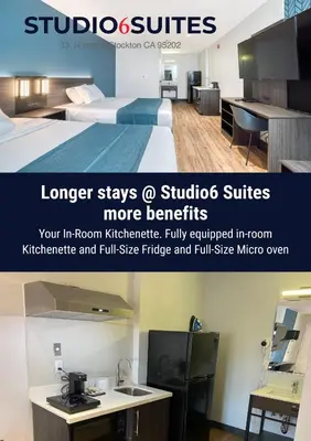 a brochure of a hotel room with two beds at Studio 6 Suites Stockton, CA Waterfront in Stockton
