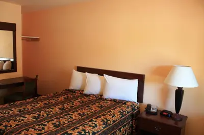 a hotel room with a bed with pillows and a lamp at Gold Trail Motor Lodge in Placerville