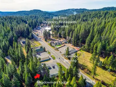 an aerial view of the big trees shopping restaurants and groceries at Arnold Meadowmont Lodge in Arnold