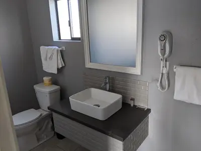 a bathroom with a sink and a toilet and a mirror at Budget Inn of Lodi in Lodi