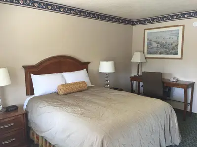 a hotel room with a bed and a desk at Budget Inn of Lodi in Lodi