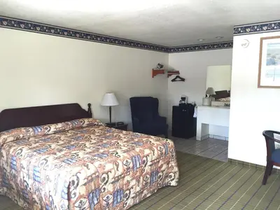 a bedroom with a bed and a desk and a chair at Budget Inn of Lodi in Lodi