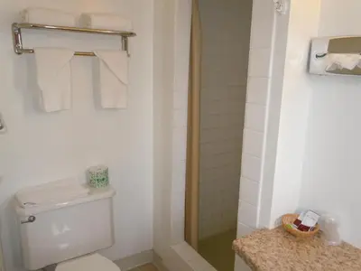 a bathroom with a toilet and a shower with towels at Value Inn in Fallon