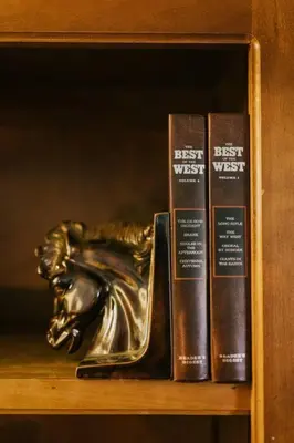 three books on a shelf with a horse head on them at The Long Barn Lodge in Long Barn