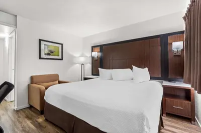 a hotel room with a large bed and a chair at Econo Lodge Stockton near I-5 Fairgrounds in Stockton