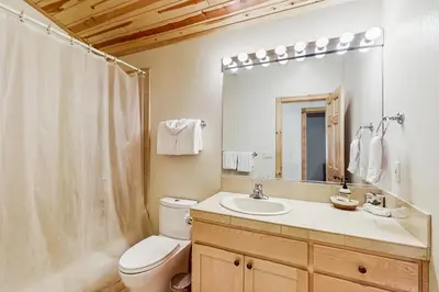a bathroom with a toilet and a sink and a mirror at Inviting, Comfortable Mountain Home in Truckee