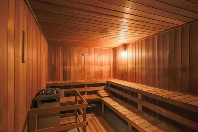 an empty sauna with a table and a chair in it at Hyatt Regency Lake Tahoe Resort, Spa & Casino in Incline Village