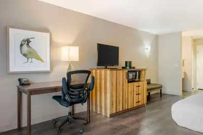 a hotel room with a desk and a bed and a television at Best Western Cedar Inn & Suites in Angels Camp