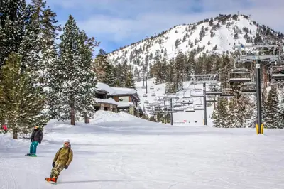 two people are standing in the snow on a ski slope at Sherwin Villas 39 in Mammoth Lakes