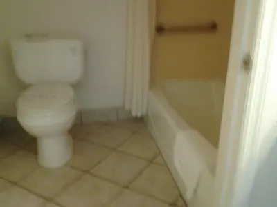 a bathroom with a toilet and a bath tub at Budget Inn in Tulare