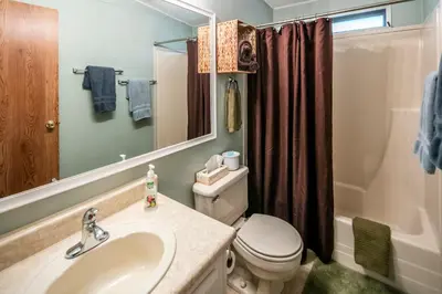 a bathroom with a sink and a toilet and a shower at Yosemite Cabin in Wawona