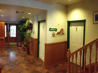 a hallway with two doors in a building at StrawberryInn River Front Resort in Strawberry