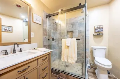 a bathroom with a shower with a toilet and a sink at Yosemite Cub's Cabin in Yosemite West