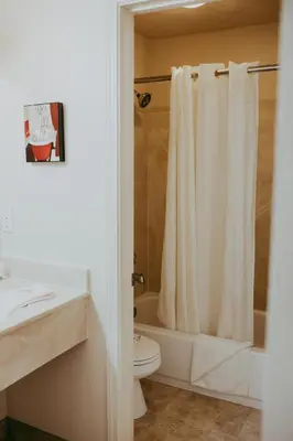 a bathroom with a white shower curtain and a toilet at Carson City Plaza Hotel in Carson City