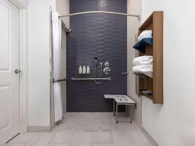 a bathroom with a shower with a black wall at Microtel Inn & Suites by Wyndham Tracy in Tracy