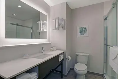 a bathroom with a sink and a toilet and a mirror at Hampton Inn Patterson, Ca in Patterson