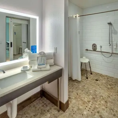 a bathroom with a sink and a mirror and a shower at Hampton Inn & Suites South Lake Tahoe in South Lake Tahoe