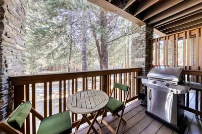 a screened in porch with a grill and chairs at The Summit 5 in Mammoth Lakes