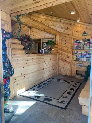 a log cabin with a yoga mat in a room at Tahoe Valley Lodge in South Lake Tahoe