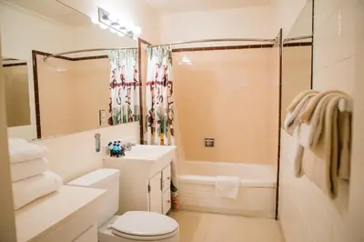 a bathroom with a toilet and a sink and a shower at Big Pines Mountain House in South Lake Tahoe