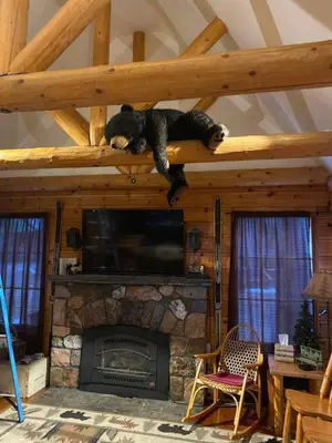 a teddy bear sitting on a shelf in a room with a fireplace at Tahoma Meadows - Sugar Pine Cabin in Tahoma