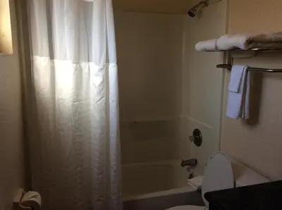 a bathroom with a shower curtain and a toilet at La Plaza Inn in Los Banos