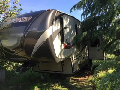 a trailer sitting in the grass next to a tree at Sequoia Forest Retreat in Badger