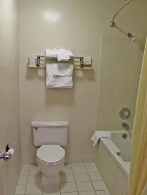 a bathroom with a toilet and a bathtub and towels at Hawthorne's Best Inn in Hawthorne