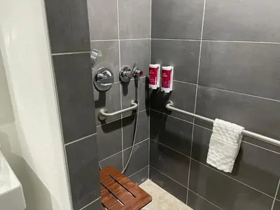 a bathroom with a shower with a bench in it at The Midtowner Hotel, SureStay Collection by Best Western in Sacramento