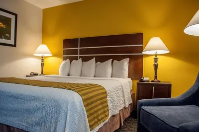 a hotel room with a bed with two lamps and a chair at Best Western Village Inn in Fresno