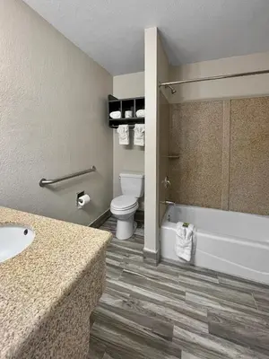 a bathroom with a toilet and a tub and a sink at Rodeo Lodge in Clovis