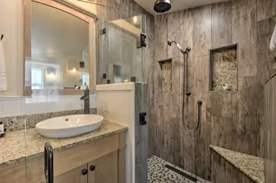 a bathroom with a sink and a shower at Historic Mariposa Stagecoach Stop with Gas Fire Pit! in Mariposa