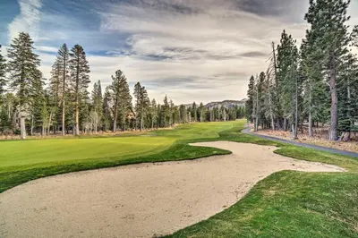 a view of the ninth green at the golf course at Quiet Condo with Great Views, half Mi to Eagle Lodge! in Mammoth Lakes