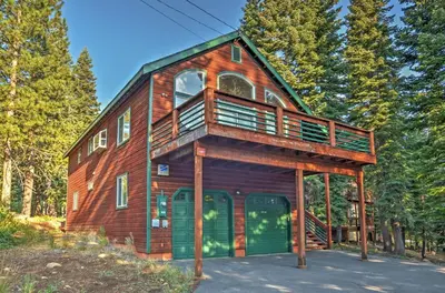 a tree house with a deck on top of it at Forest Views and Beach Access Family Truckee Gem in Truckee