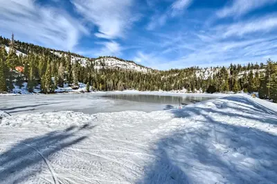 a group of shadows in the snow next to a lake at Near Hiking and Skiing Bear Valley Cabin! in Tamarack