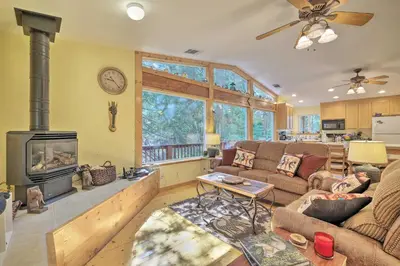 a living room with a couch and a fireplace at Walk to Big Trees State Park Cabin with Deck! in Dorrington