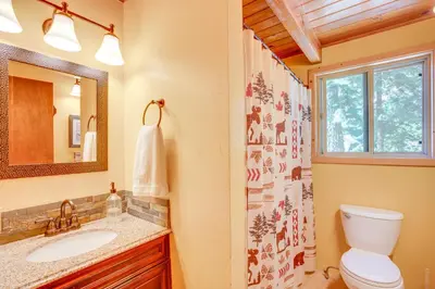 a bathroom with a toilet and a sink and a mirror at Private Mountain Retreat 8 Mi to Lake Tahoe! in South Lake Tahoe