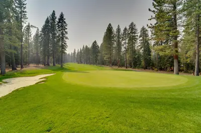 a green golf course with trees in the background at Truckee Home with Private Hot Tub on a Golf Course in Truckee