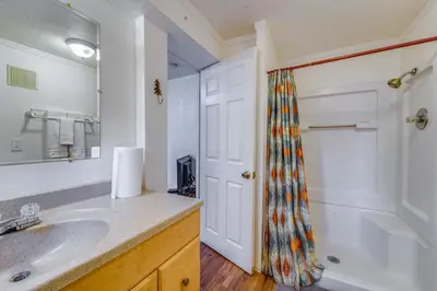 a bathroom with a sink and a shower curtain at Waterfront Truckee Cabin on Donner Lake! in Truckee