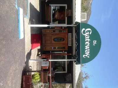 an overhead view of a building with a sign at The Gateway Restaurant & Lodge in Three Rivers