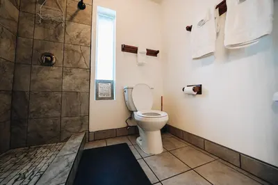a bathroom with a toilet and a shower at Pebble Creek in Three Rivers