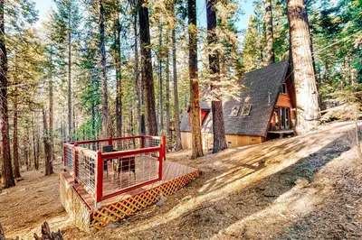 a cabin in the woods with a red gate in the foreground at Under The Trees in Camp Connell