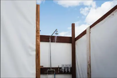 a view of a bathroom with a shower at SoCal Camping in Kernville