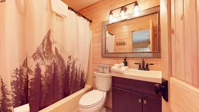 a bathroom with a toilet and a sink and a mirror at Forest Creek #29 condo in Mammoth Lakes