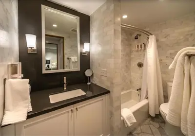 a bathroom with a sink and a mirror and a tub at Cedar Crest - Chickadee Cottage 2 in Homewood