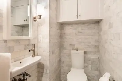 a white bathroom with a toilet and a sink at Cedar Crest-Stellars Jay Cottage 4 in Homewood